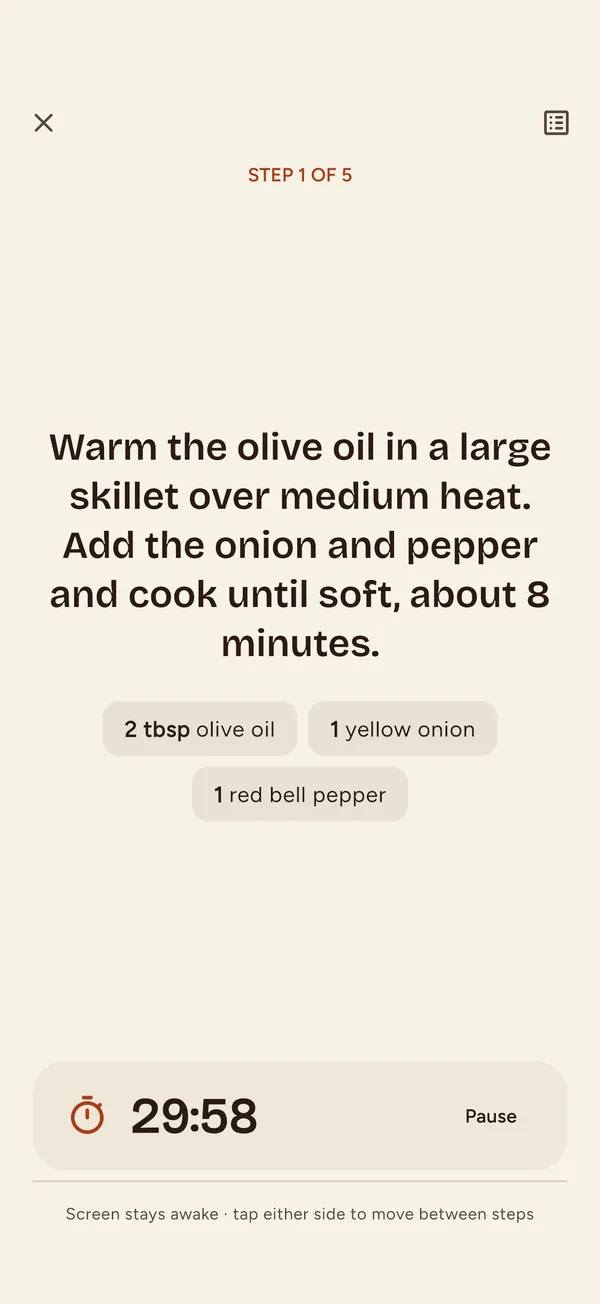 Nabe app: cooking mode, one step in large type with its ingredients and a kitchen timer