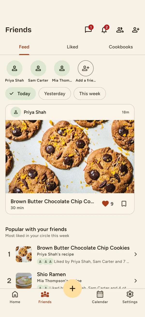 Nabe app: the Friends tab, a feed of what friends cooked and what is popular with them