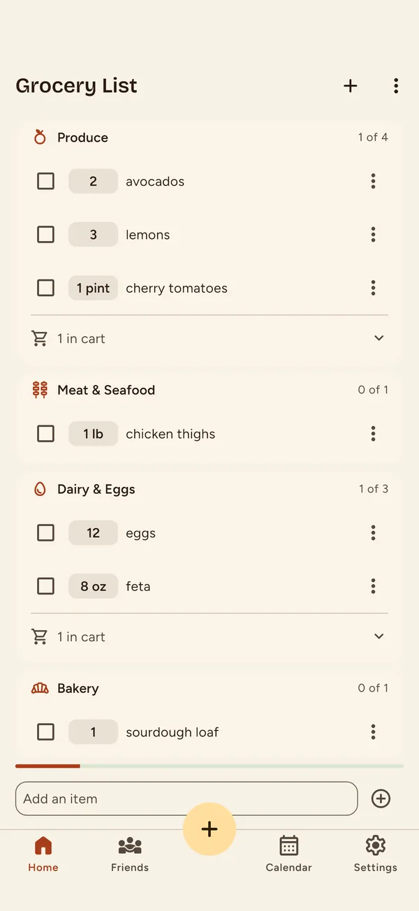 Nabe app: a grocery list grouped by aisle, with items already in the cart folded away