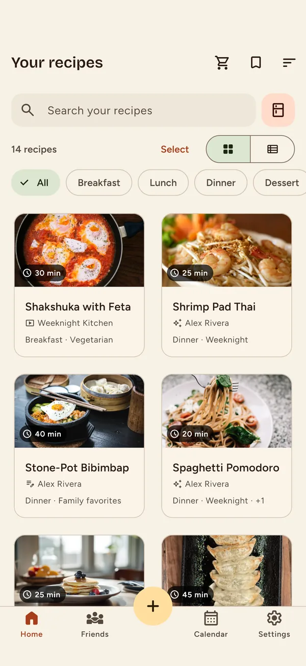 Nabe app: your recipe library, a grid of saved recipes with photos, cook times and tags