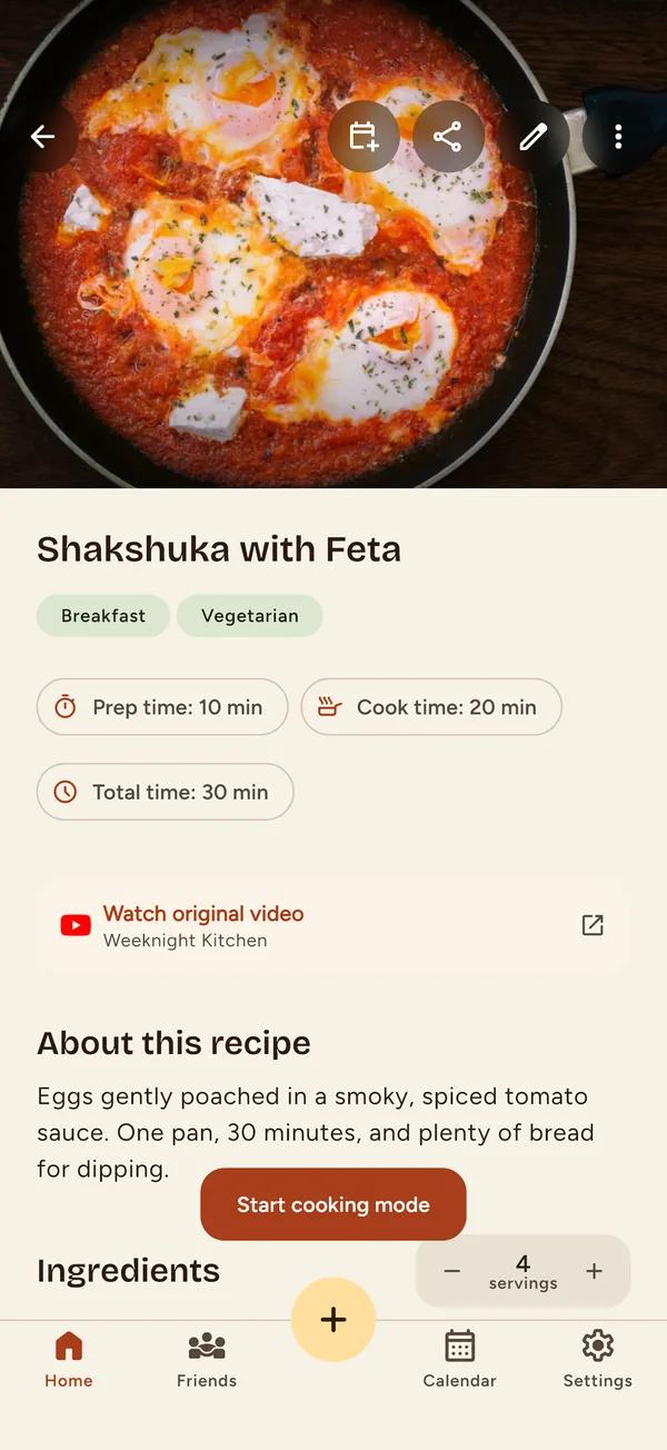 Nabe app: a recipe page for shakshuka with feta, linked to its original YouTube video